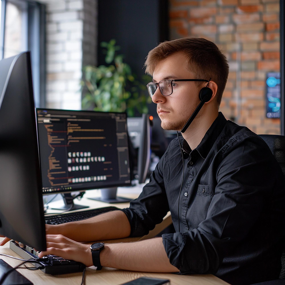 One person sitting at a desk concentrated. 