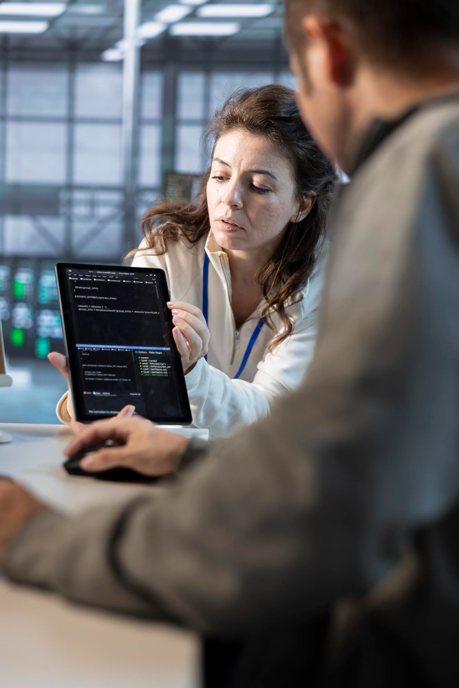 Two team members are sitting at a desk. One of them is showing her tablet screen to the other, presenting her findings. 